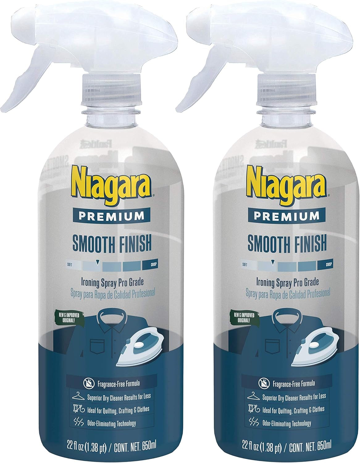Spray Starch (22 Oz, 2 Pack) Trigger Pump Liquid Starch for Ironing, Non-Aerosol Spray on Starch, Reduces Ironing Time, No Flaking, Sticking or Clogging, Biodegradable Ingredients, Recyclable